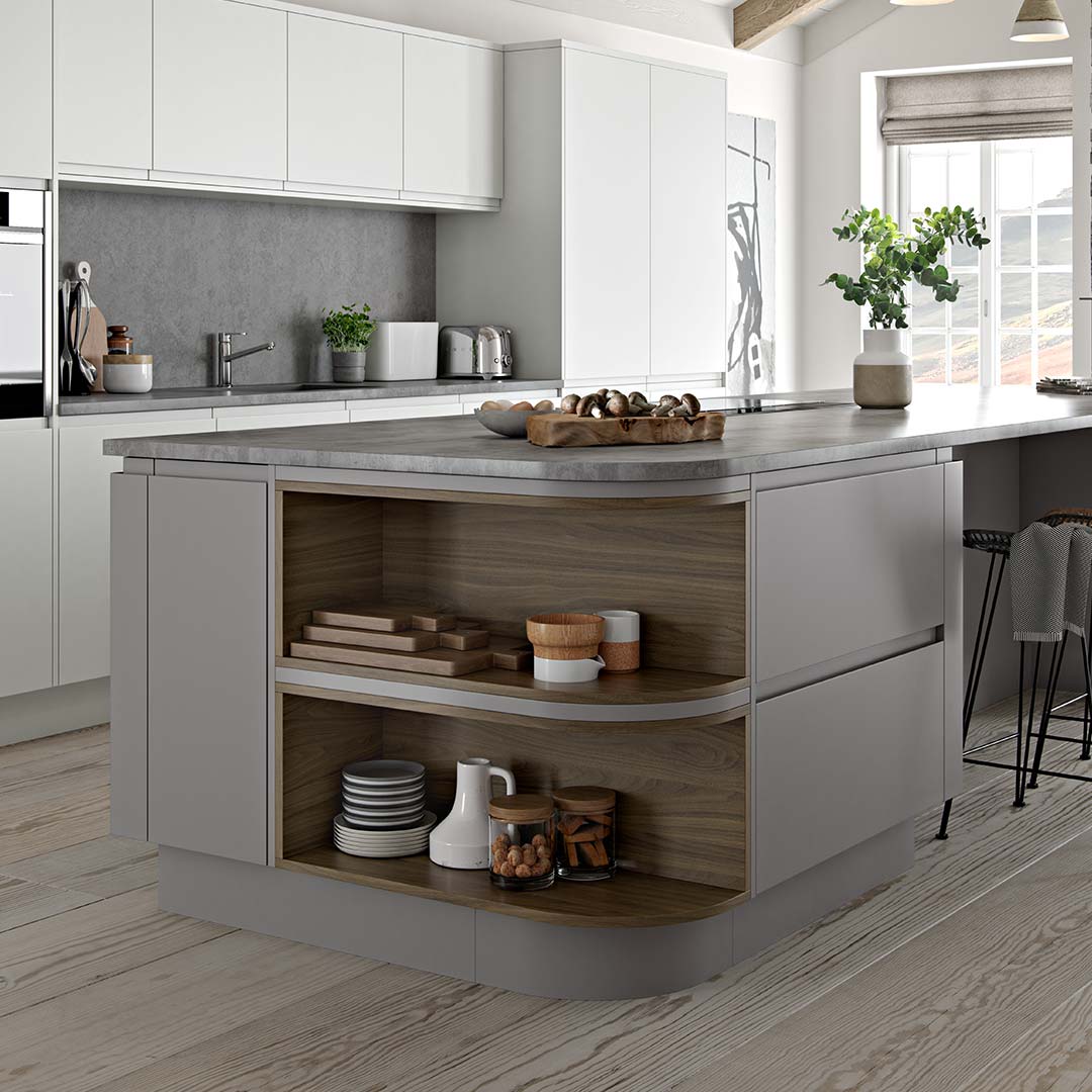 Curved Open Shelving by Sigma 3 Kitchens