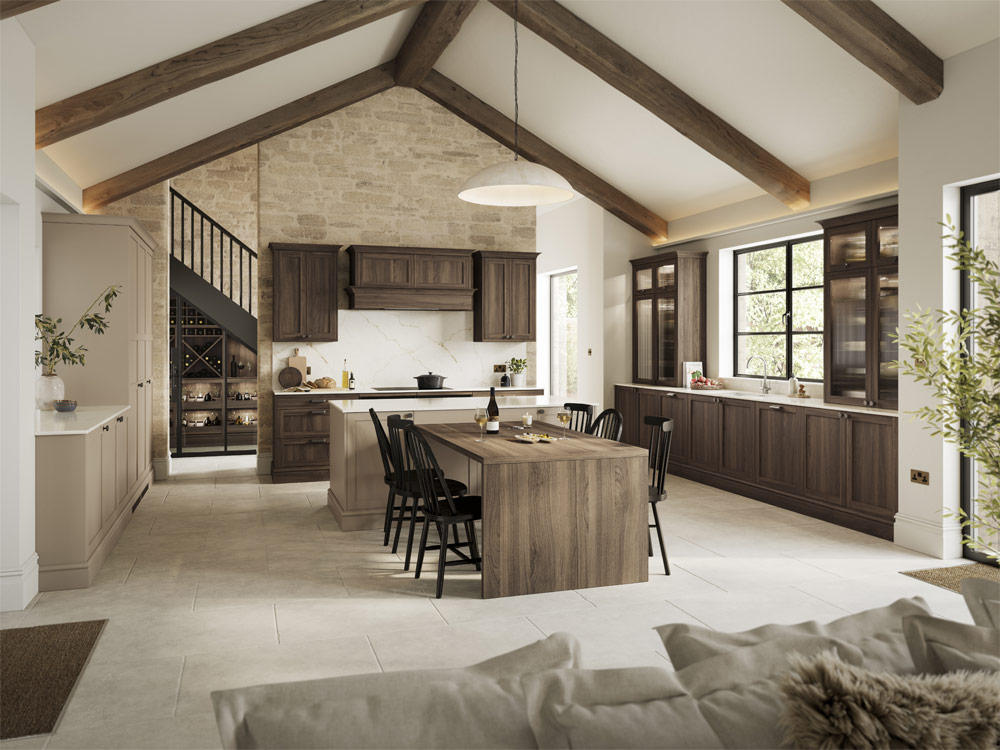 Portobello Shaker kitchen range in dark wood and neutral colours