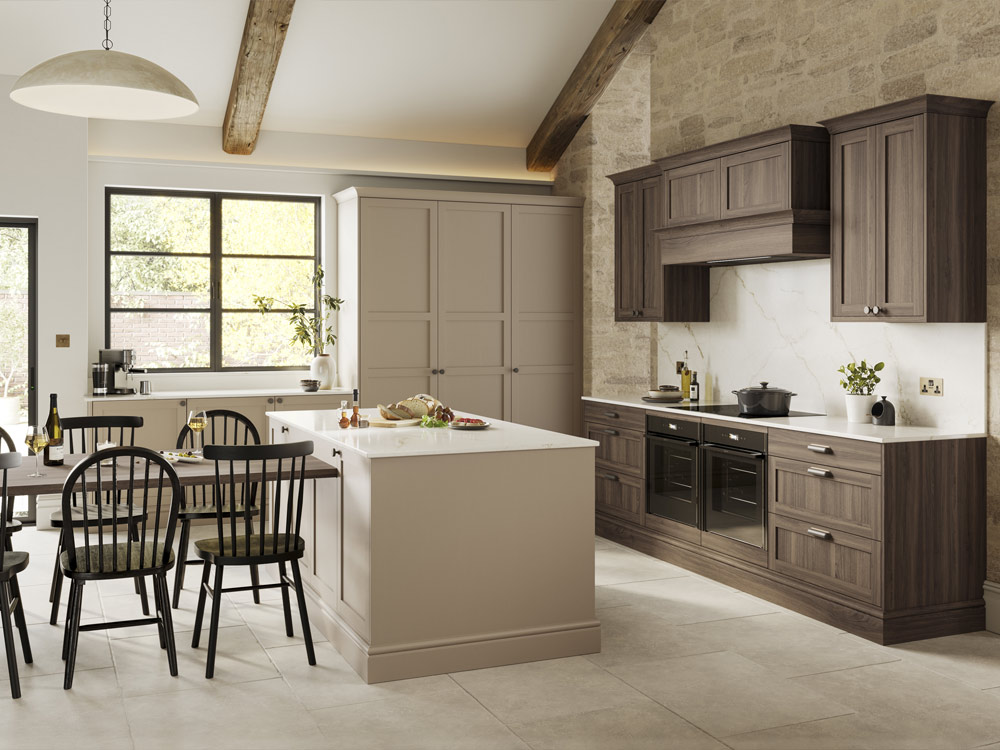 Portobello Shaker kitchen range with an island and table