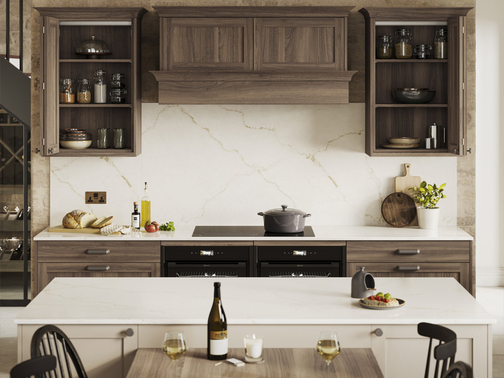 Portobello slim Shaker kitchen wall units above an oven