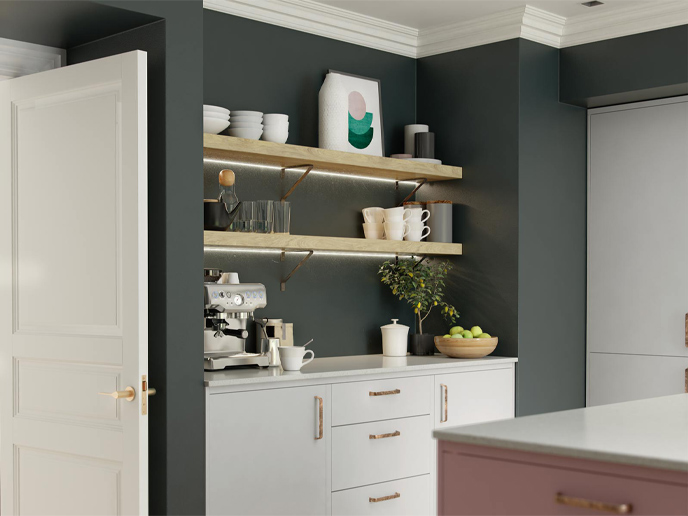 Oak shelves used as kitchen shelving for an alcove