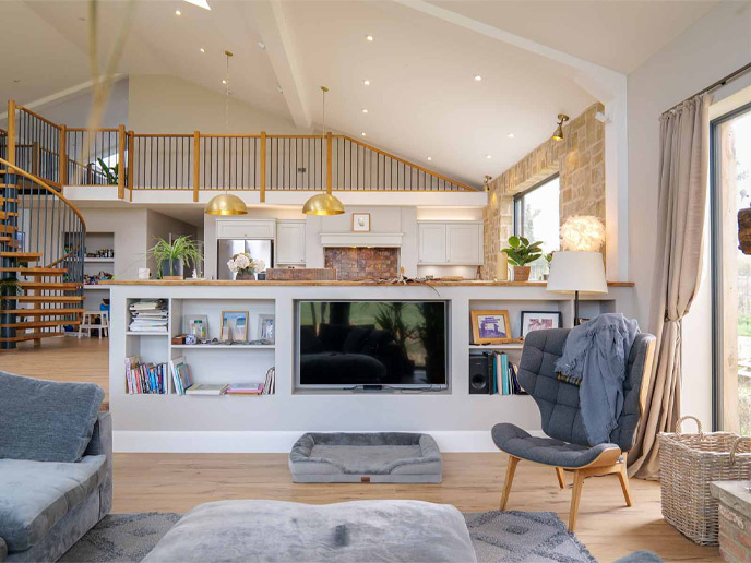 A huge kitchen seen from afar in an open-plan home