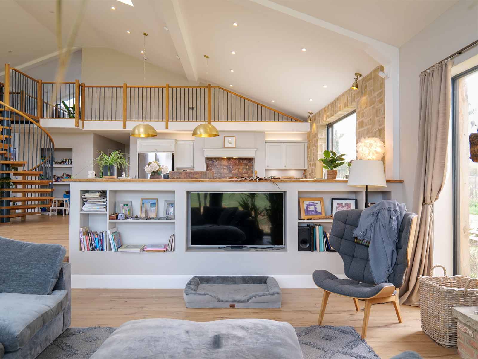 A huge kitchen seen from afar in an open-plan home