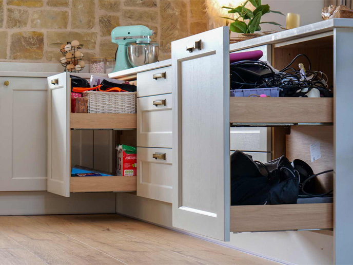 A kitchen peninsula with two pull-out larders on a kitchen diner feature wall