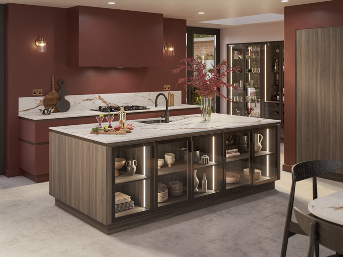 A red and wood kitchen with dark wood kitchen cabinets