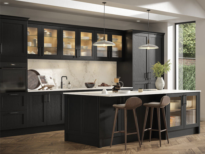 A white and dark wood kitchen with dark wood kitchen doors