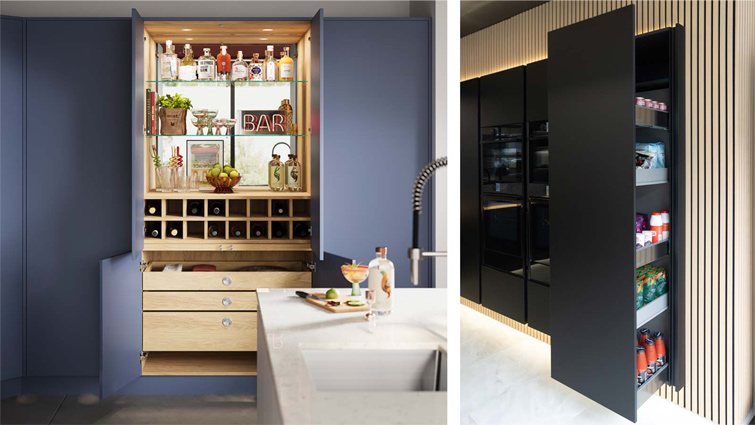 Storage for a desert modern kitchen, including a bar unit and sliding larder