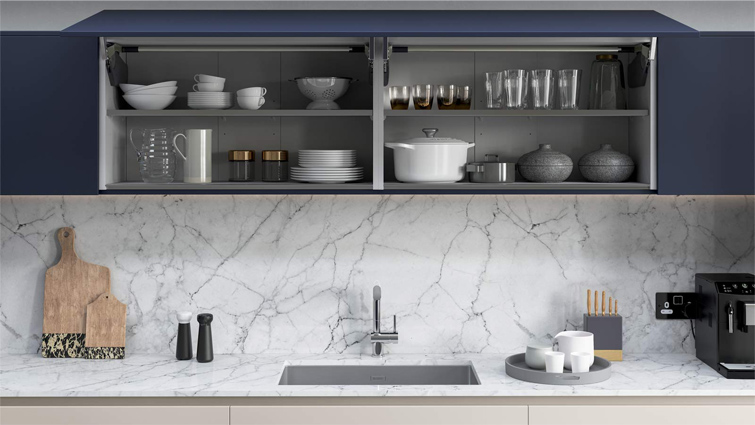 A desert modernism kitchen unit setup with extra-wide kitchen wall cabinets