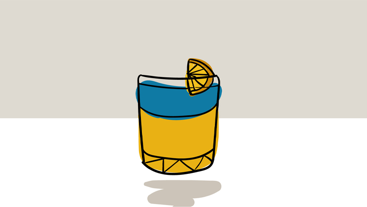 A blue and yellow Zelenskyy cocktail, full of citrus fruits and peach flavours