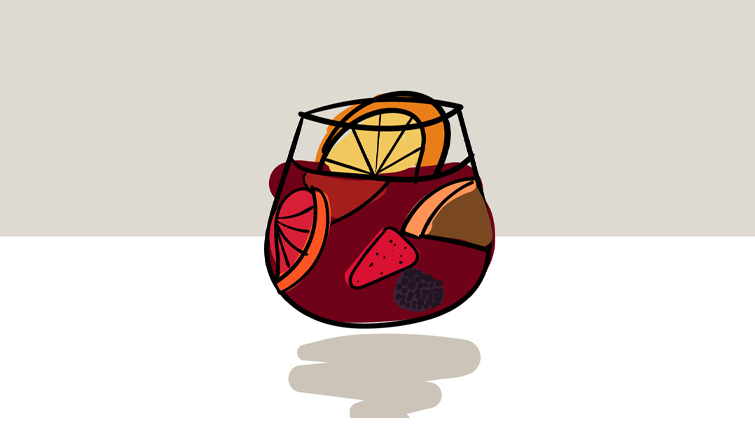 A Sangria cocktail that contains red wine, brandy, sugar and fruit elements