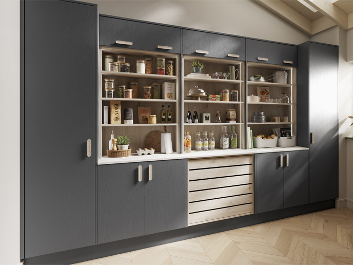 Kitchen decorative shelving with matching drawers and handles
