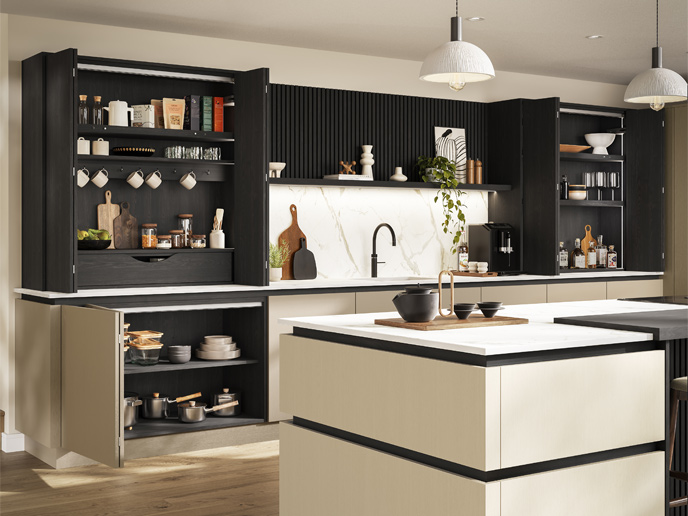 A modern kitchen with a matching wood stain across black wood dressers