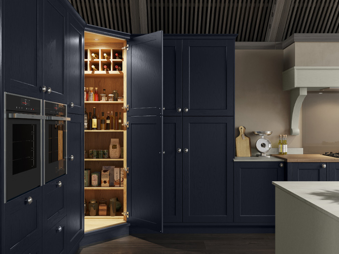 A traditional corner pantry with matching oak internals and oak worktops