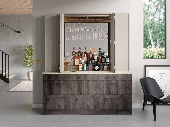 A home bar cupboard containing cocktail cabinet essentials