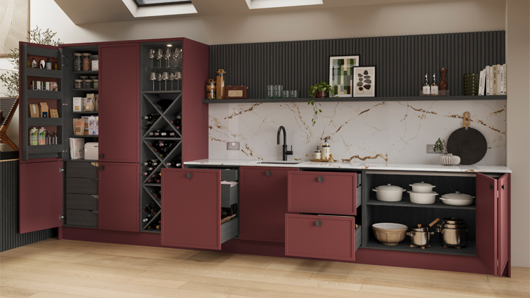 Totally matching kitchen cabinet internals in a pink kitchen
