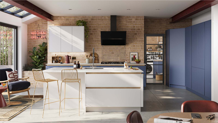 A high-end kitchen design with white and blue innovative kitchen cupboards