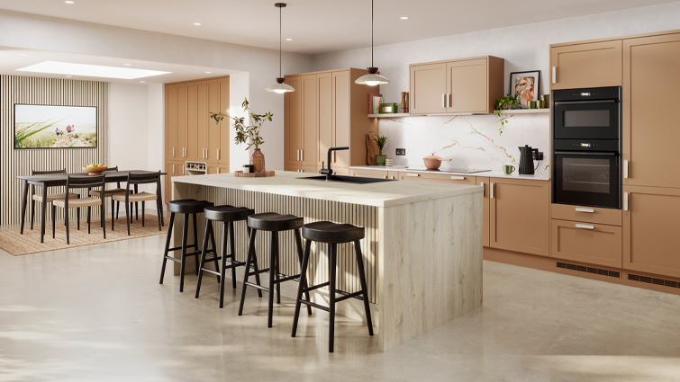A natural earthy kitchen in a large room