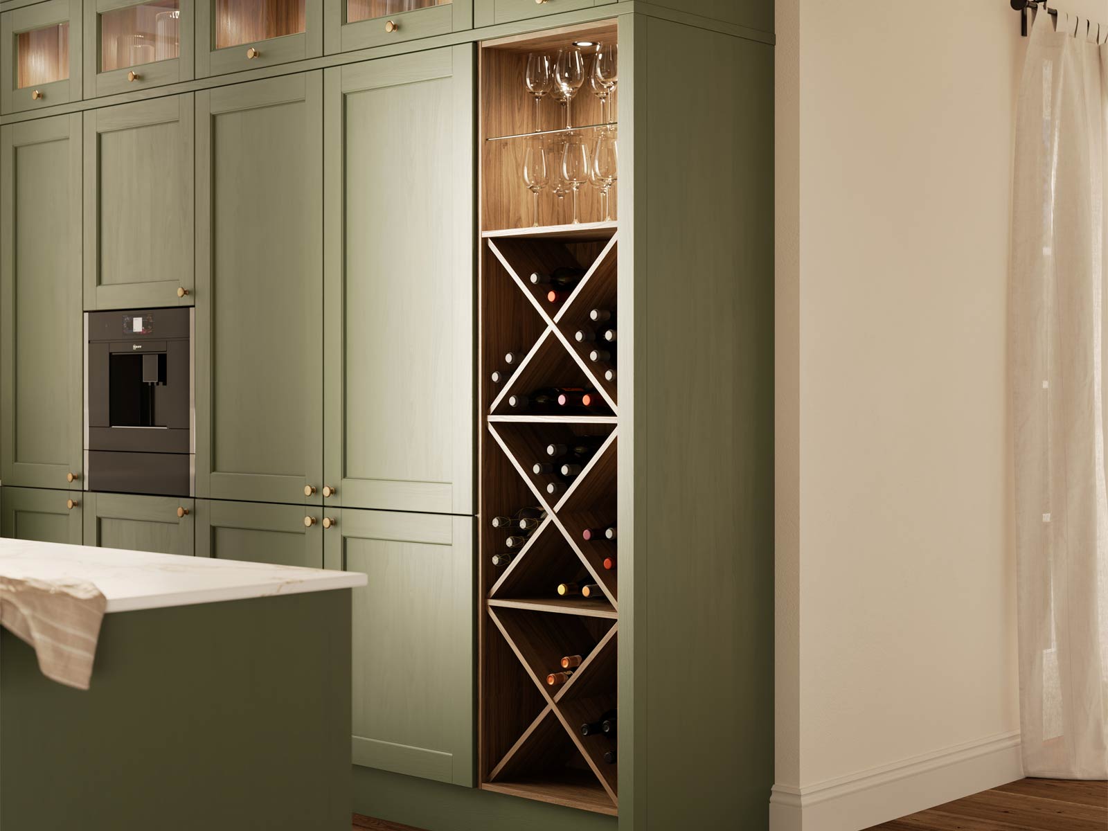 A green contemporary minimalist kitchen with a modern white kitchen design countertop