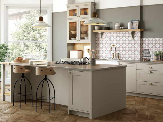 A mushroom in-frame kitchen with a neutral colourway