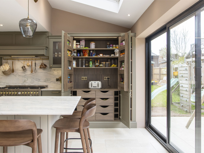 A mushroom colour kitchen with an open pantry-style cabinet