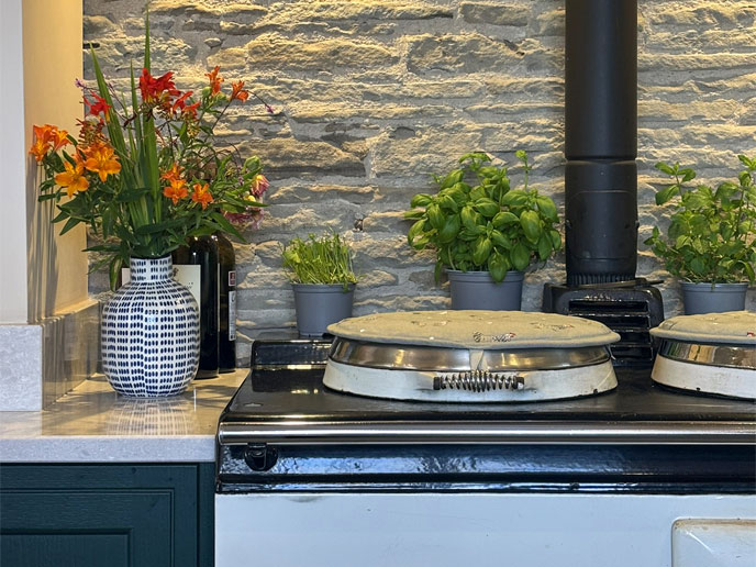 A modern rustic farmhouse kitchen Aga with earthy kitchen potted plants
