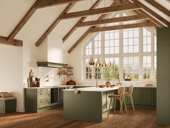 A contemporary rustic kitchen with a natural earthy kitchen colourway