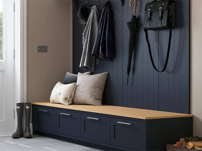 Dark blue boot room with drawers and Portland Oak seat