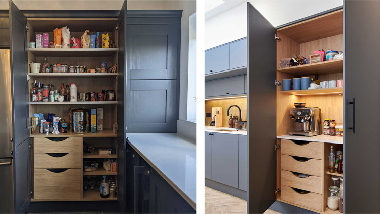 A modern mid-century dining pantry unit with a Scandi shelf unit