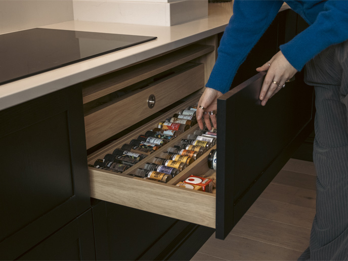 A drawer for spices with layers of spice rack space