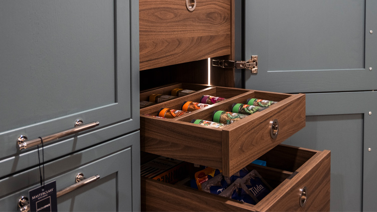 Small spice rack internal drawers inside a spice cabinet larder