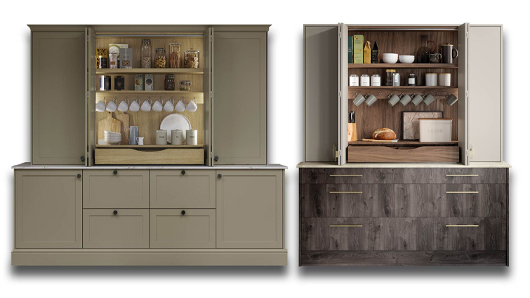 Two Sigma 3 Breakfast Dressers in pale green and oak or pastel grey and walnut