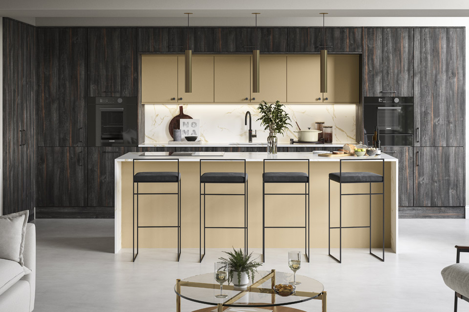 Yellow-grey kitchen ideas expressed in a pale yellow and dark wood workspac
