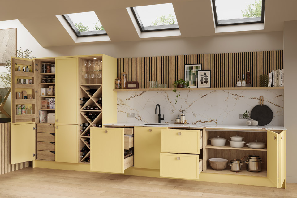 An energetic yellow kitchen with light oak cabinet internals and acoustic panels