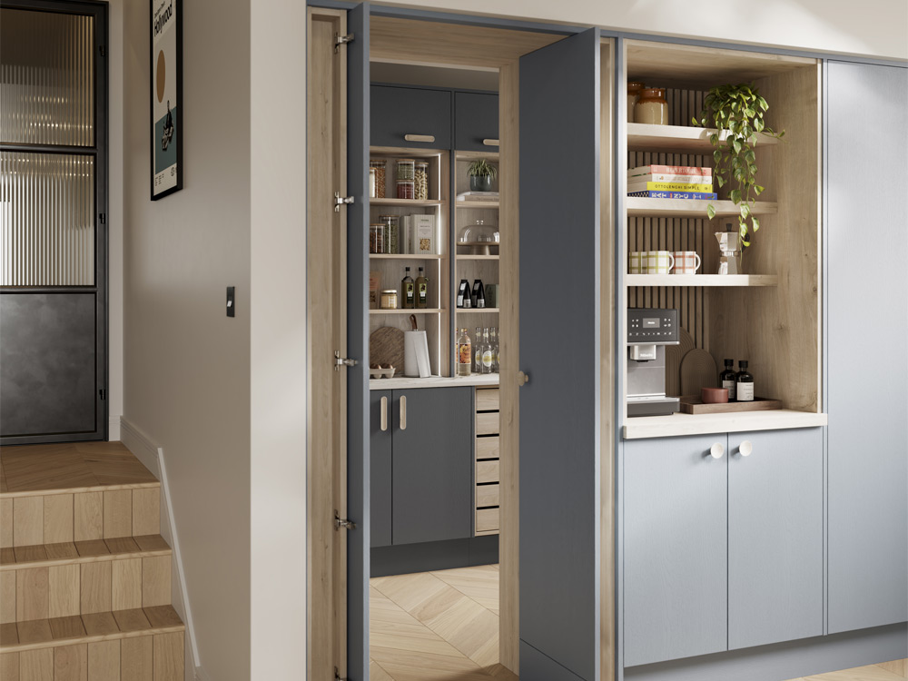 A modern kitchen with oak shelves and dark grey units