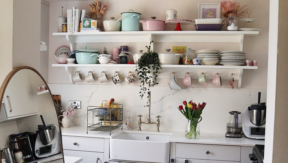 Small kitchen with open shelving feature