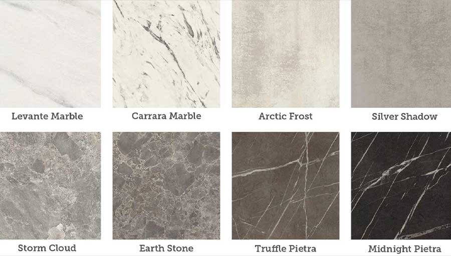 Stone effect kitchen finishes for worktops, splashbacks and plinths