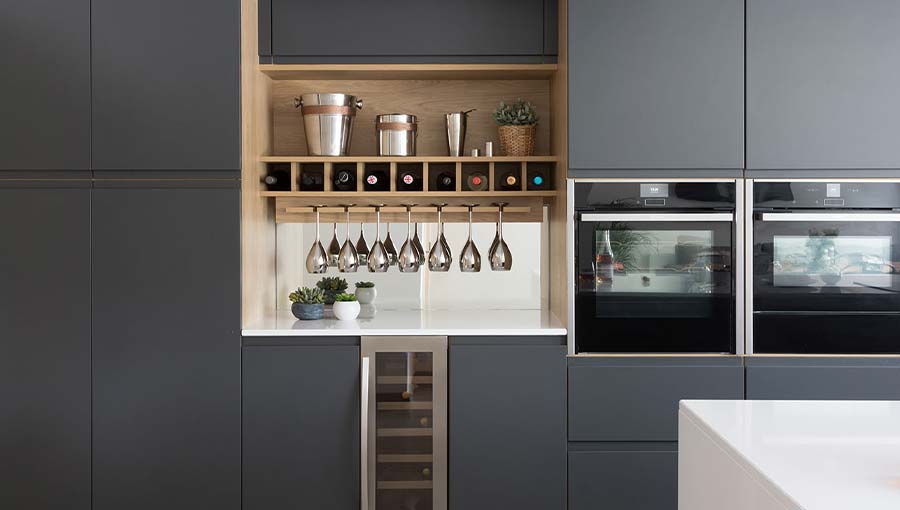 Open shelving drinks storage in a modern kitchen