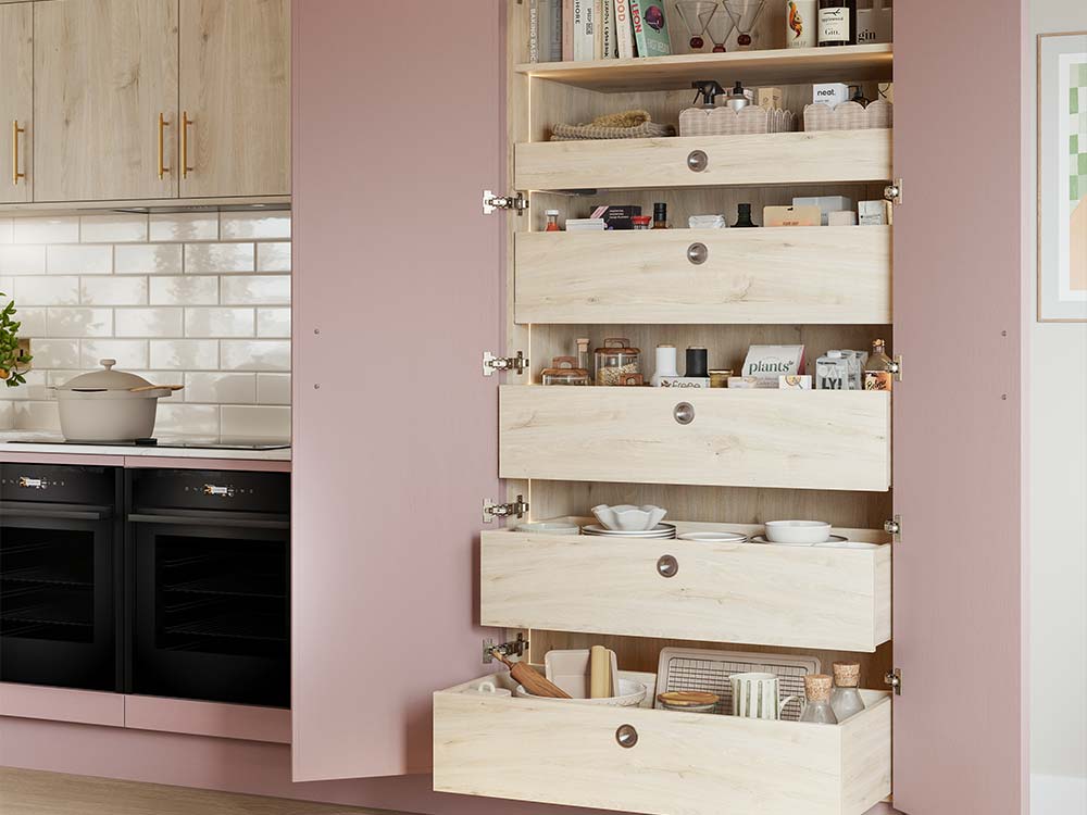 Oslo Scandi Style Micro Shaker Kitchen in Pink and Light Oak