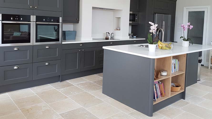 Oak open shelving in a traditional kitchen in Cardiff