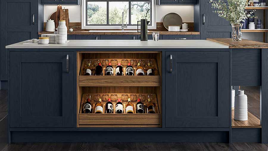 Statement traditional kitchen island with wine drawers storage