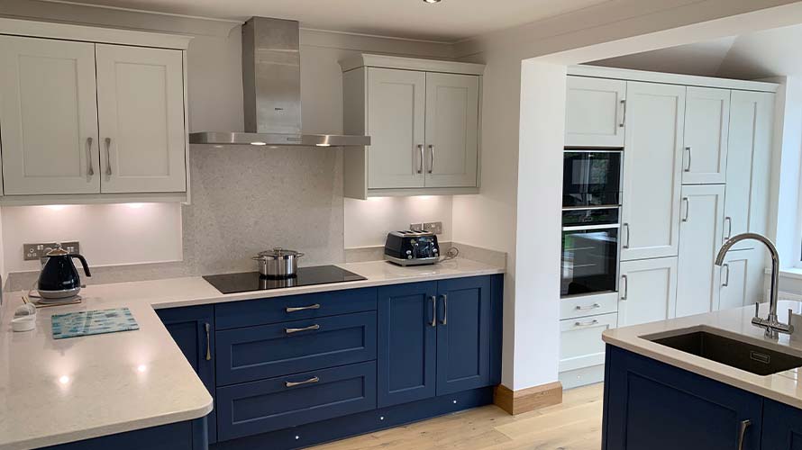 Traditional kitchen in grey and blue designed in Swansea