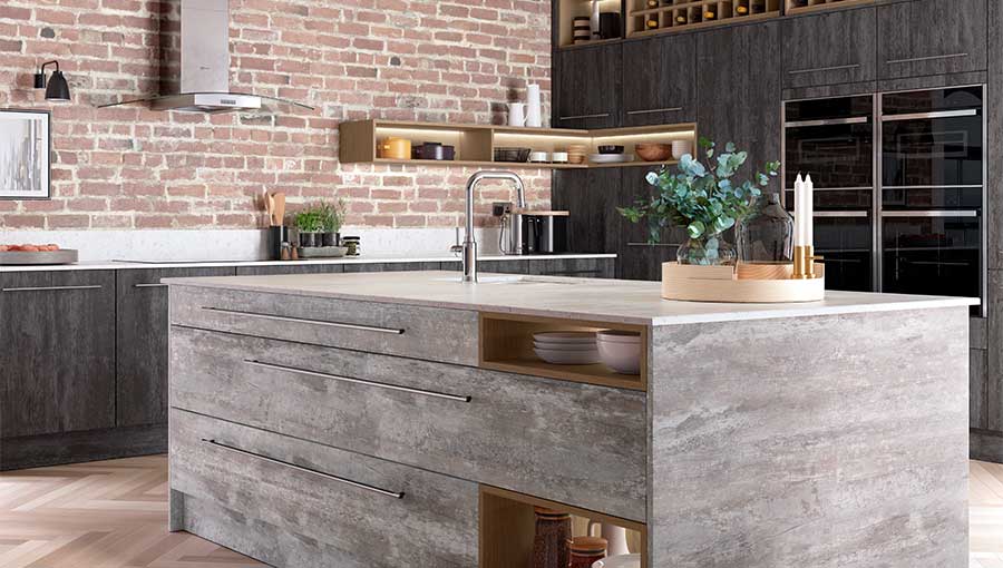 A modern two tone textured kitchen with open shelving