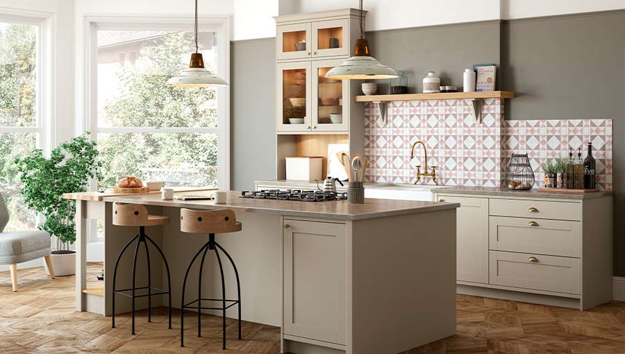 A warm grey shaker kitchen with kitchen island