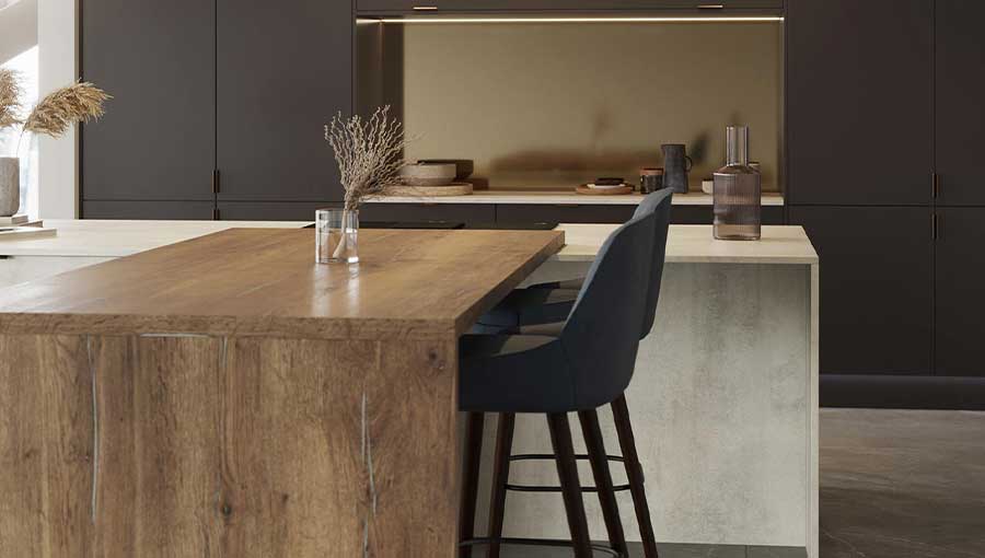 Warm modern kitchen with metallic accents